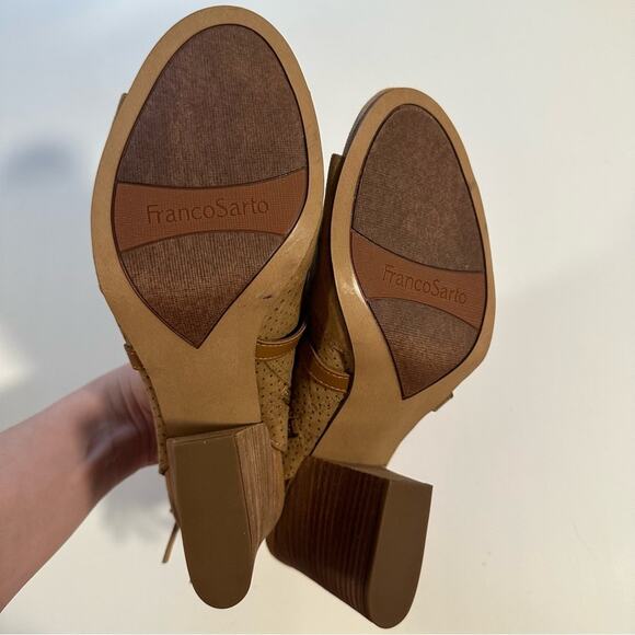 Franco Sarto Fina Tan Peep Toe Bootie Block Heels - Picture 7 of 9